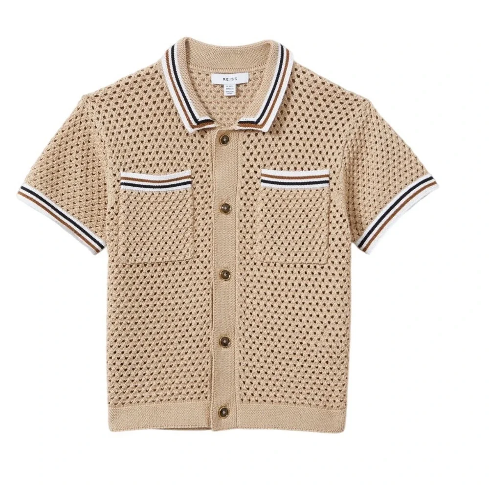 New Reiss Coulson Jr Boys Soft Taupe Crochet Knit Contrast Trim Shirt 3-4Y 104cm